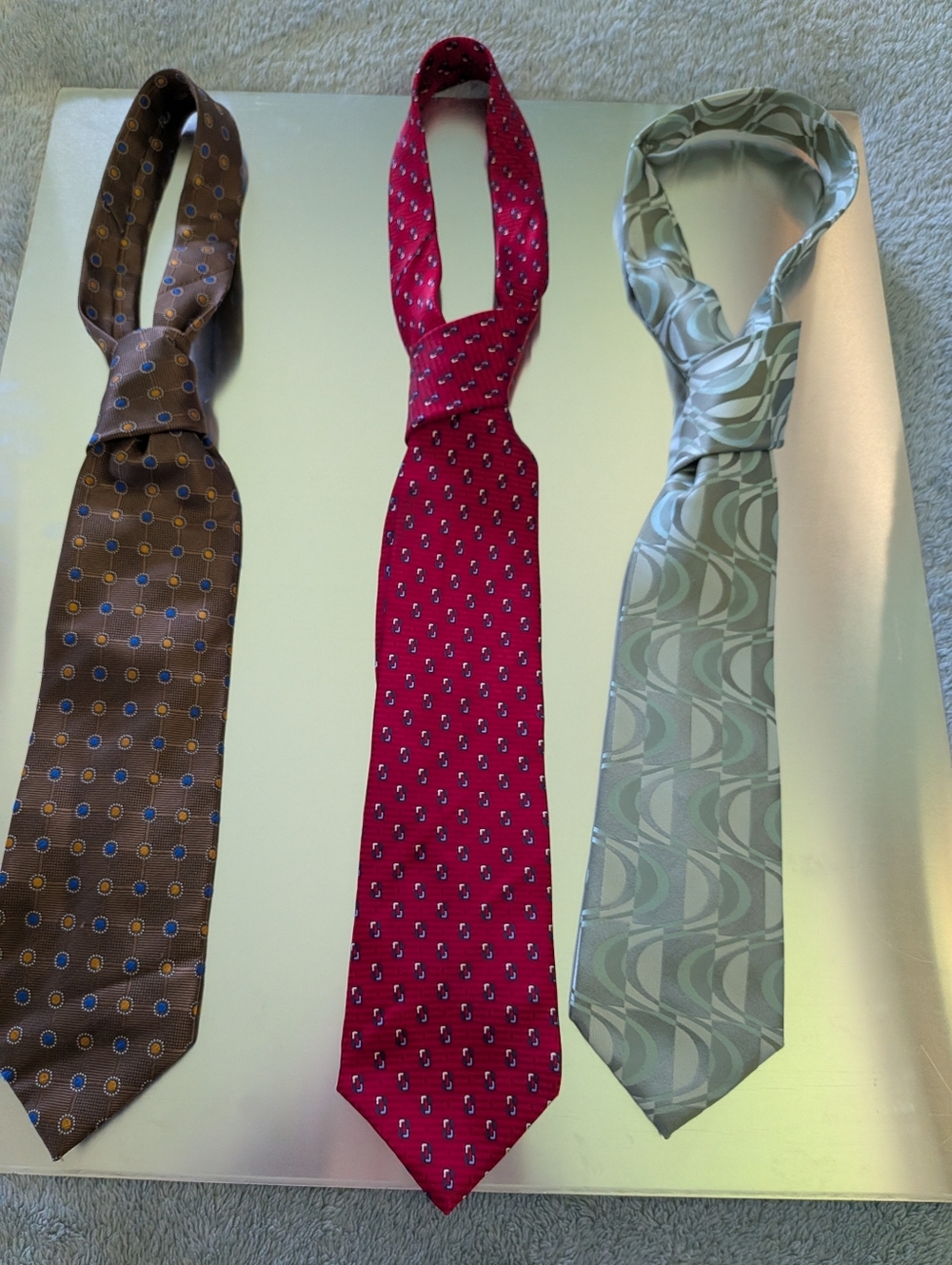 Three Men's Patterned Silk Ties - Brown, Red, Green